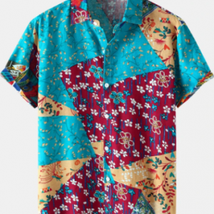 Mens Ditsy Floral Geometric Print Holiday Short Sleeve Shirts discountshub