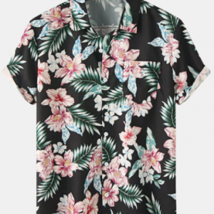 Mens Holiday Floral Print Cotton Short Sleeve Shirts With Pocket discountshub