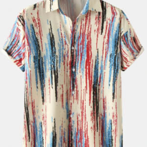 Mens Irregular Colorful Striped Loose Street Short Sleeve Shirts discountshub