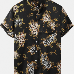 Mens Leopard Pattern Baroque Button Up Short Sleeve Henley Shirt discountshub