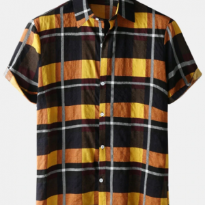 Mens Plaid Checkered Lapel Button Up Short Sleeve Shirt discountshub