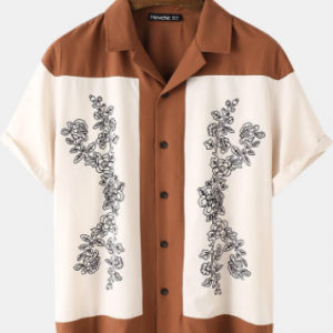 Mens Revere Collar Abstract Flower Patchwork Print Short Sleeve Shirt discountshub