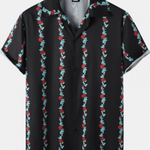 Mens Rose Striped Print Revere Collar Black Short Sleeve Shirt discountshub