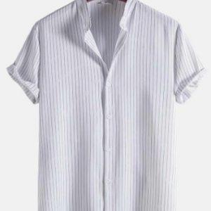 Mens Striped Grandad Collar Short Sleeve White Shirt discountshub