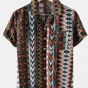 Mens Tribal Geometry Pattern Chest Pocket Short Sleeve Shirt discountshub