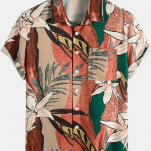 Mens Tropical Floral Print Short Sleeve Holiday Button Up Shirt With Pocket discountshub