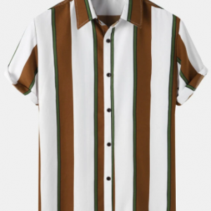 Mens Wide Striped Button Up Vintage Short Sleeve Shirts discountshub