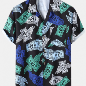 Mens All Over Banknote Print Revere Collar Pocket Short Sleeve Shirt discountshub