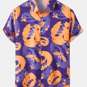 Mens All Over Funny Pumpkin Print Halloween Short Sleeve Shirts discountshub