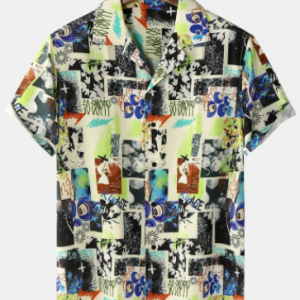 Mens All Over Mix Graphics Print Side Split Short Sleeve Shirts discountshub