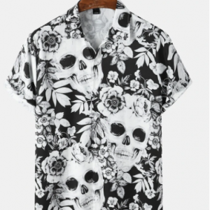 Mens All Over Skull Floral Print Lapel Short Sleeve Halloween Shirts discountshub