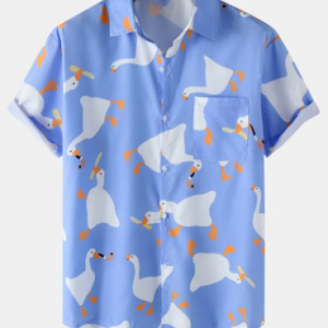 Mens Cartoon Duck Print Button Up Short Sleeve Shirts discountshub