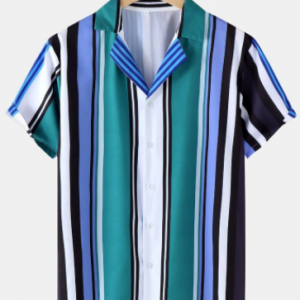 Mens Colorblock Stripe Revere Collar Short Sleeve Preppy Shirts discountshub