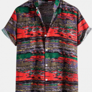 Mens Colorful Camo Pattern Stand Collar Cotton Linen Short Sleeve Shirts discountshub