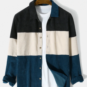 Mens Corduroy Color Block Panel Stitching Casual Long Sleeve Shirts discountshub