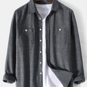 Mens Cotton Linen Double Button Pocket Casual Long Sleeve Shirts discountshub