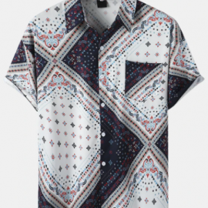 Mens Ethnic Argyle Pattern Button Up Short Sleeve Shirts With Pocket discountshub