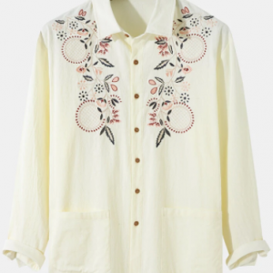 Mens Ethnic Flower Embroidery 100% Cotton Pocket Long Sleeve Shirt discountshub