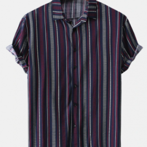 Mens Geometric Stripe Print Button Up Vintage Short Sleeve Shirts discountshub