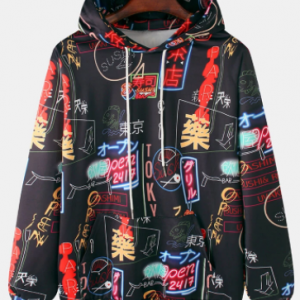 Mens Japanese Character Print Relaxed Fit Hoodies With Kangaroo Pocket discountshub