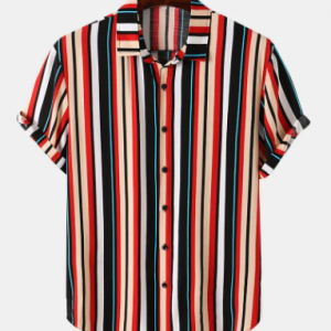 Mens Multi Color Stripe Button Up Street Short Sleeve Shirts discountshub