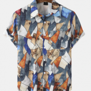 Mens Multicolor Geometric Patterns Short Sleeve Shirt With Pocket discountshub