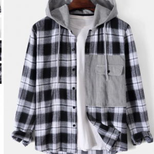 Mens Plaid Corduroy Patchwork Long Sleeve Preppy Drawstring Hooded Shirts discountshub