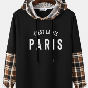 Mens Plaid Patchwork Letter Print Long Sleeve Preppy Hooded T-Shirts discountshub