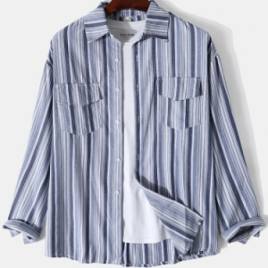 Mens Striped Lapel Double Pocket Cotton Long Sleeve Shirts discountshub