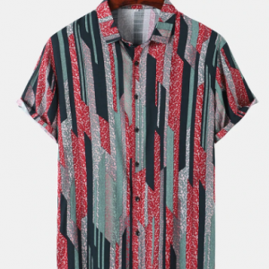 Mens Vintage Geometric Print Lapel Holiday Short Sleeve Shirts discountshub