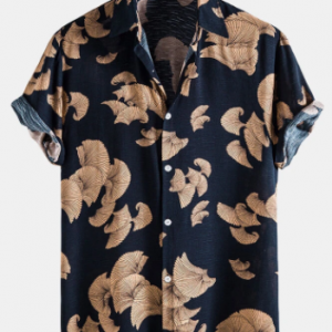 Mens Vintage Leaf Print Button Up Holiday Cotton Short Sleeve Shirts discountshub