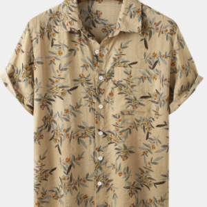 Mens Vintage Plant Printed High Low 100% Cotton Short Sleeve Shirts discountshub