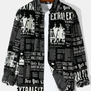 Mens All Over Newspaper Print Lapel Street Long Sleeve Shirts discountshub