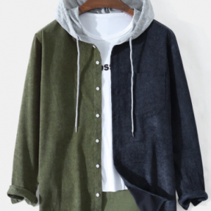 Mens Corduroy Contrast Stitching Drawstring Hooded Long Sleeve Shirts With Pocket discountshub