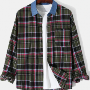 Mens Plaid Contrast Lapel Cotton Casual Long Sleeve Shirts With Pocket discountshub