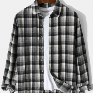 Mens Plaid Lapel Button Up Preppy Long Sleeve Shirts discountshub