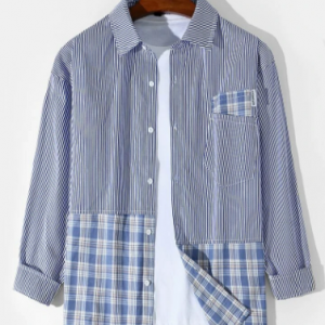 Mens Striped Plaid Patchwork Cotton Casual Long Sleeve Shirts With Pocket discountshub