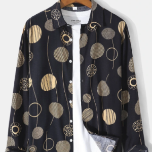 Mens Allover Geometric Print Button Front Cotton Casual Long Sleeve Shirts discountshub