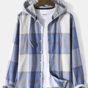 Mens Check Plaid Button Up Long Sleeve Preppy Drawstring Hooded Shirts discountshub