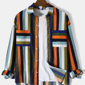 Mens Corduroy Multicolor Striped Button Front Casual Long Sleeve Shirts discountshub