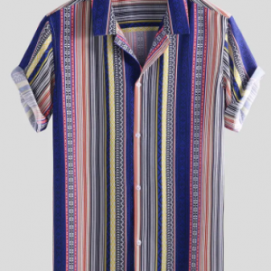 Mens Ethnic Stripe Printed Turn Down Collar Short Sleeve Loose Shirts discountshub