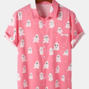 Mens Halloween Allover Ghost Print Lapel Button Short Sleeve Shirts discountshub