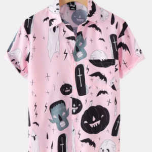 Mens Halloween Funny Print Button Up Short Sleeve Shirts discountshub