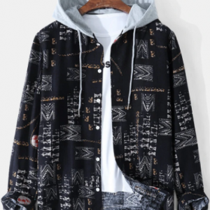 Mens Mixed Print Button Up Long Sleeve Drawstring Hooded Shirts discountshub