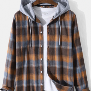 Mens Plaid Button Front Casual Long Sleeve Contrast Hooded Shirts discountshub