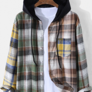 Mens Plaid Button Up Casual Long Sleeve Contrast Hooded Shirts discountshub