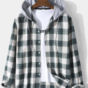 Mens Plaid Button Up Cotton Preppy Drawstring Hooded Shirts discountshub