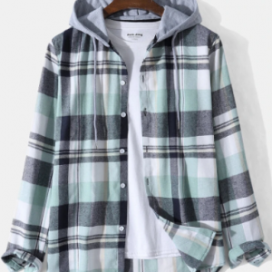 Mens Plaid Button Up Long Sleeve Casual Drawstring Hooded Shirts discountshub