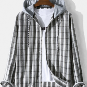 Mens Plaid Button Up Long Sleeve Preppy Drawstring Hooded Shirts discountshub