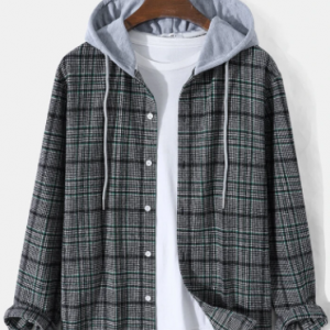 Mens Plaid Button Up Street Long Sleeve Drawstring Hooded Shirts discountshub